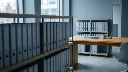 Rad sivých archívnych zakladačov v popredí a drevený stôl so zatvoreným notebookom a hrnčekom v pozadí