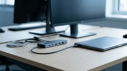 Dokovacia stanica s káblami na dubovom stole, jeden vedie k zatvorenému notebooku, vzadu monitor
